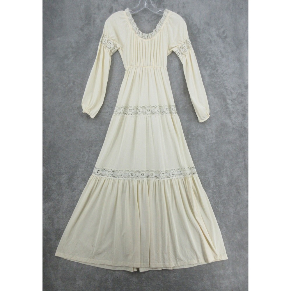 True Vintage Sears Dress Womens XS 70s Lace Prairie Puff Sleeve Cottage Romantic